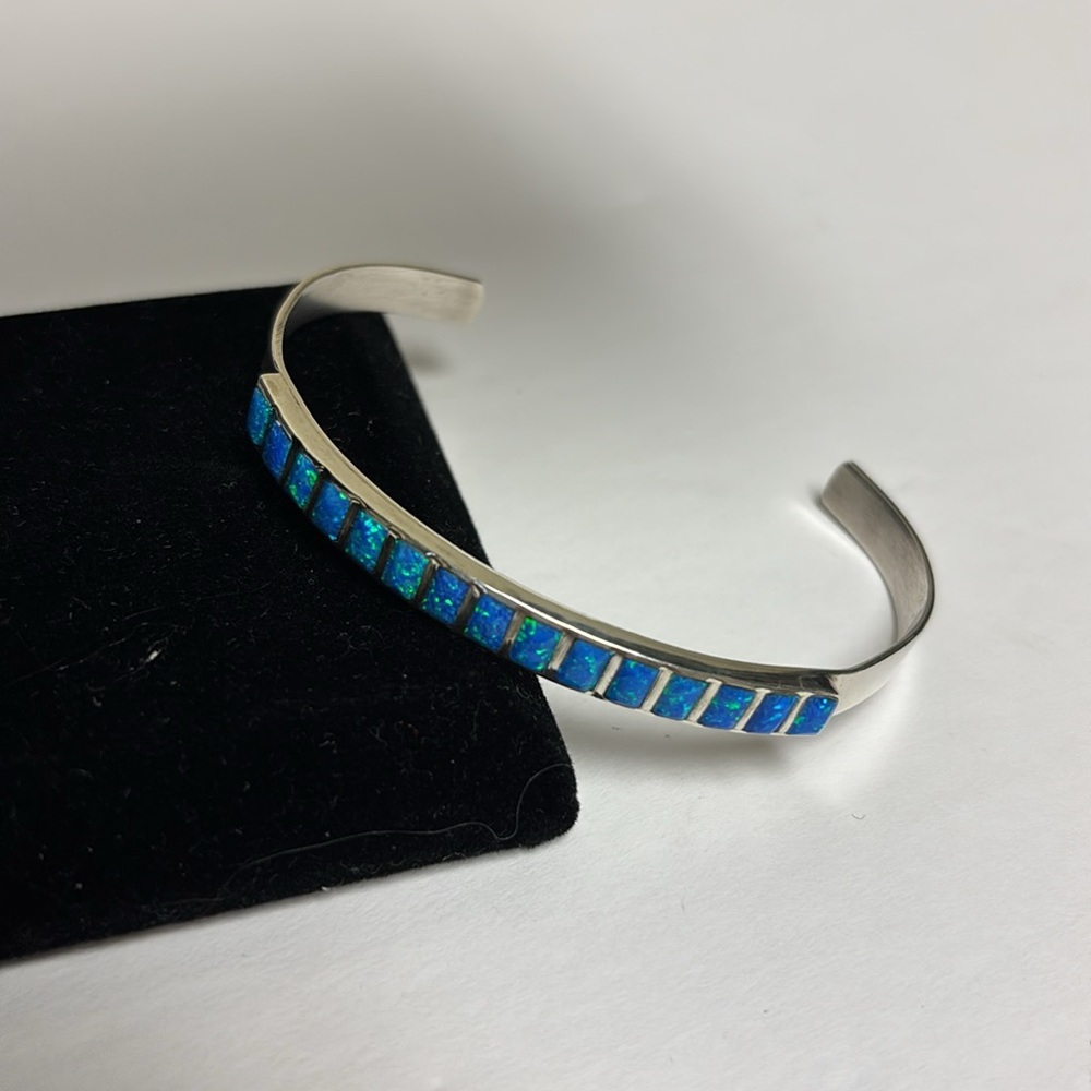 Zuni Sterling Silver and Created Blue Opal Cuff Bacelet